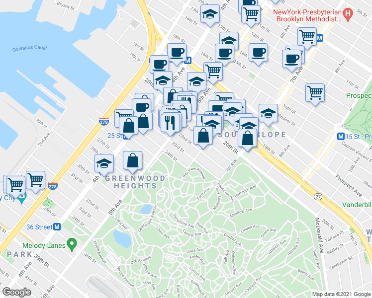 map of restaurants, bars, coffee shops, grocery stores, and more near 738 6th Avenue in Brooklyn