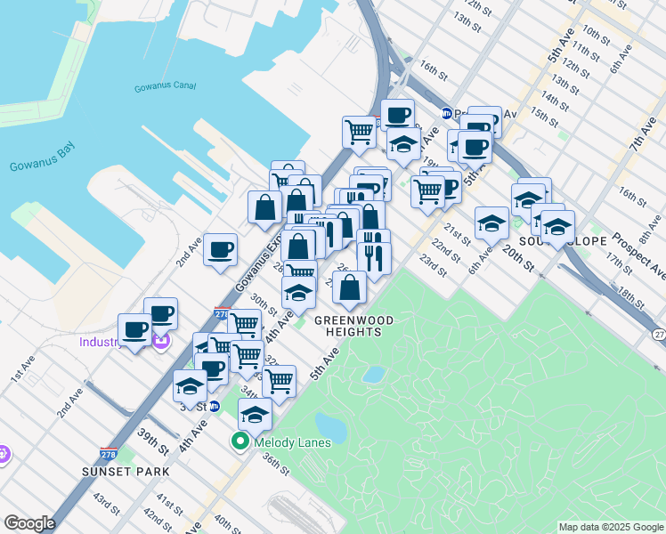 map of restaurants, bars, coffee shops, grocery stores, and more near 219 27th Street in Brooklyn