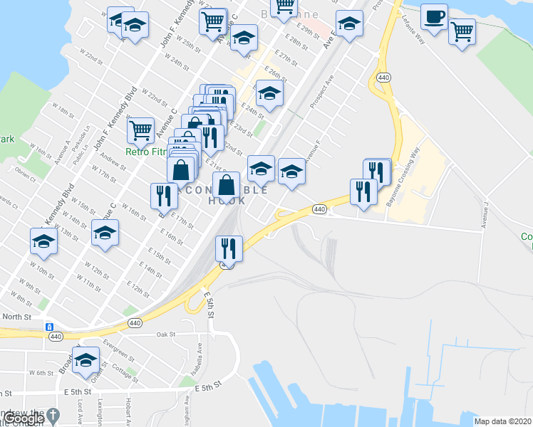 map of restaurants, bars, coffee shops, grocery stores, and more near 69 Avenue F in Bayonne