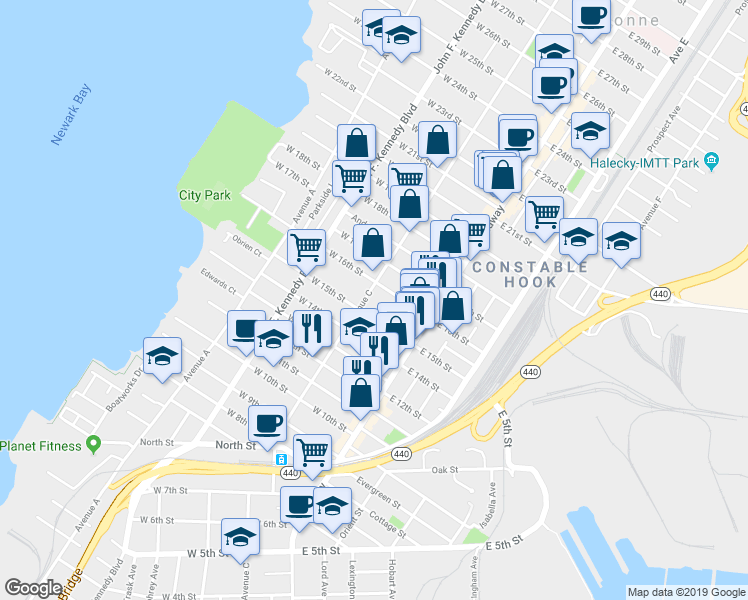 map of restaurants, bars, coffee shops, grocery stores, and more near 348 Avenue C in Bayonne
