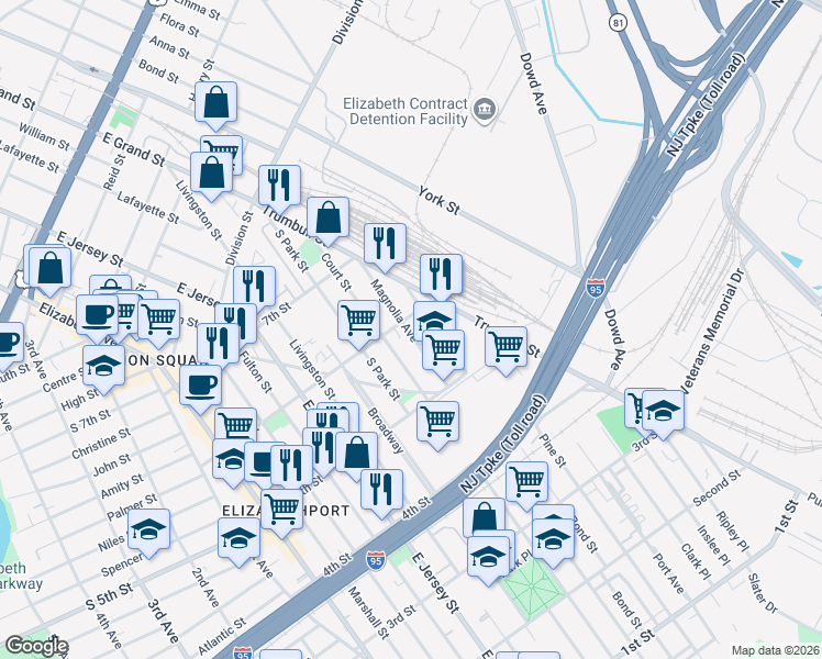 map of restaurants, bars, coffee shops, grocery stores, and more near 547 Court Street in Elizabeth