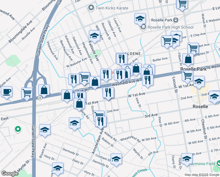 map of restaurants, bars, coffee shops, grocery stores, and more near 450 West 1st Avenue in Roselle