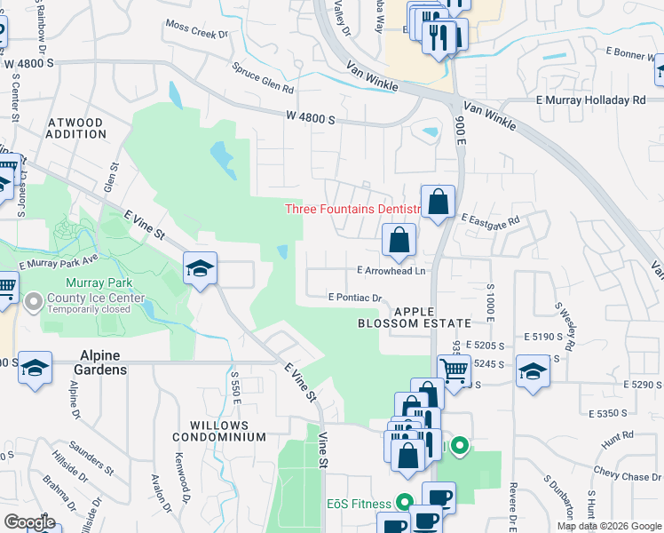 map of restaurants, bars, coffee shops, grocery stores, and more near 5132 South Pontiac Circle in Murray