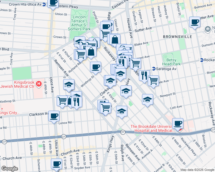 map of restaurants, bars, coffee shops, grocery stores, and more near 274 East 93rd Street in Brooklyn