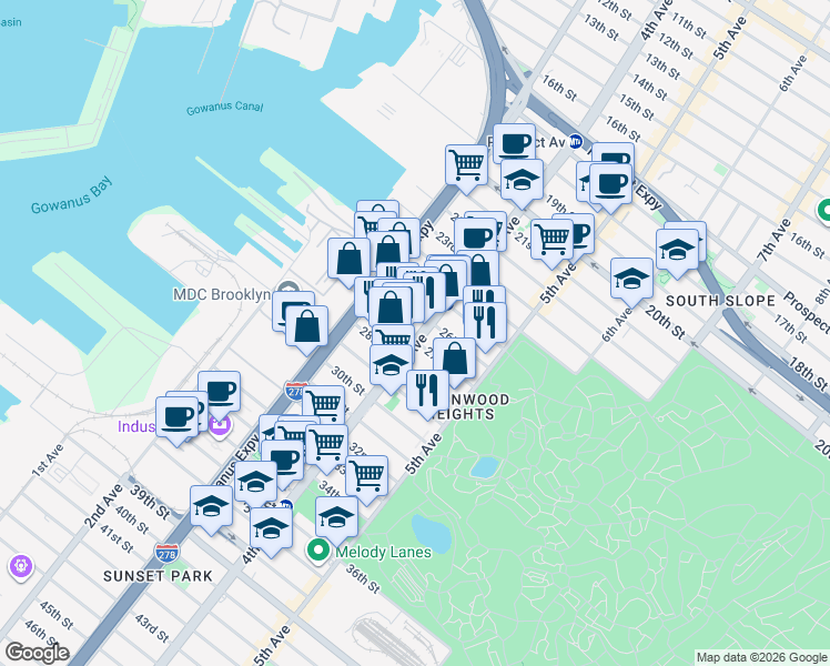 map of restaurants, bars, coffee shops, grocery stores, and more near 793 4th Avenue in Brooklyn