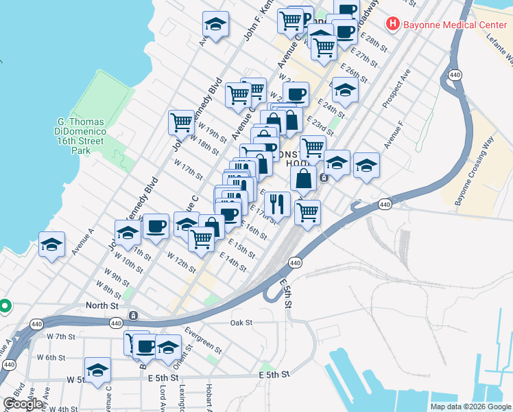 map of restaurants, bars, coffee shops, grocery stores, and more near 14 Court Place in Bayonne