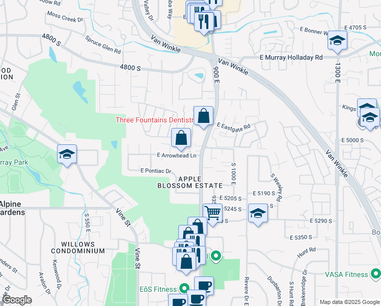 map of restaurants, bars, coffee shops, grocery stores, and more near 875 East Arrowhead Lane in Murray