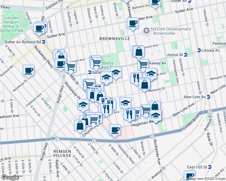 map of restaurants, bars, coffee shops, grocery stores, and more near 415 Herzl Street in Brooklyn