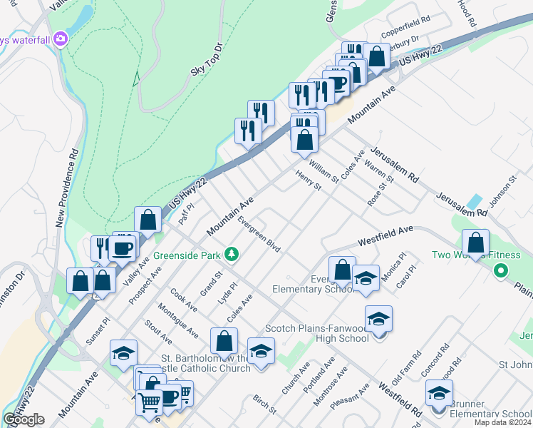 map of restaurants, bars, coffee shops, grocery stores, and more near 344 Parkview Drive in Scotch Plains