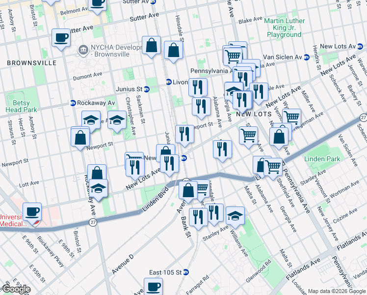 map of restaurants, bars, coffee shops, grocery stores, and more near 679 Van Sinderen Avenue in Brooklyn