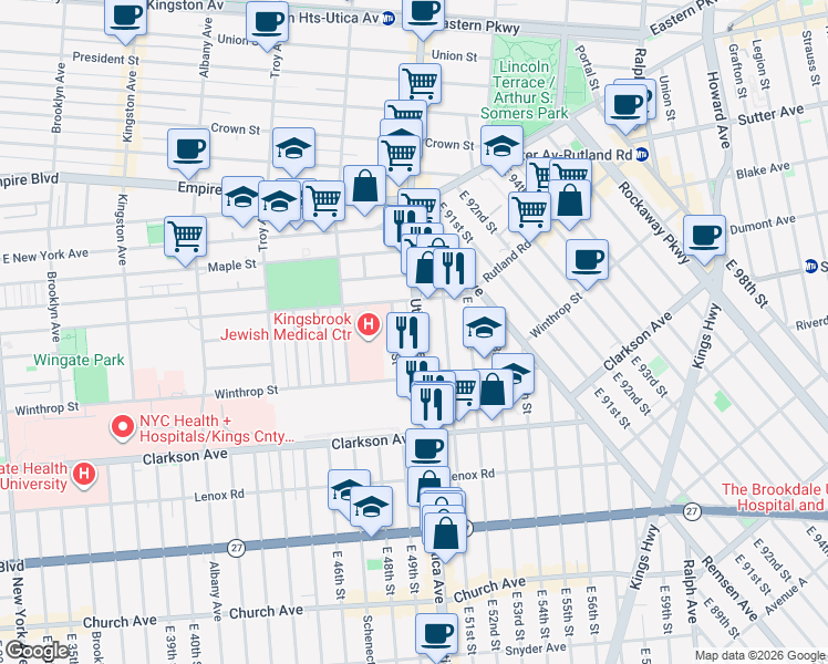 map of restaurants, bars, coffee shops, grocery stores, and more near 135 East 49th Street in Brooklyn