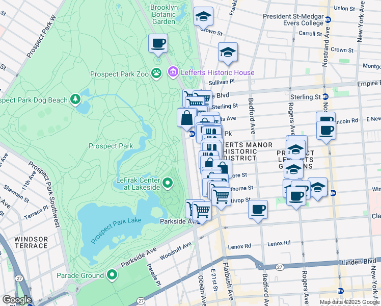 map of restaurants, bars, coffee shops, grocery stores, and more near 135 Ocean Avenue in Brooklyn