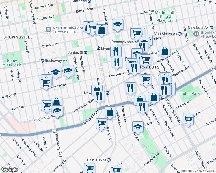 map of restaurants, bars, coffee shops, grocery stores, and more near 170 New Lots Avenue in Brooklyn