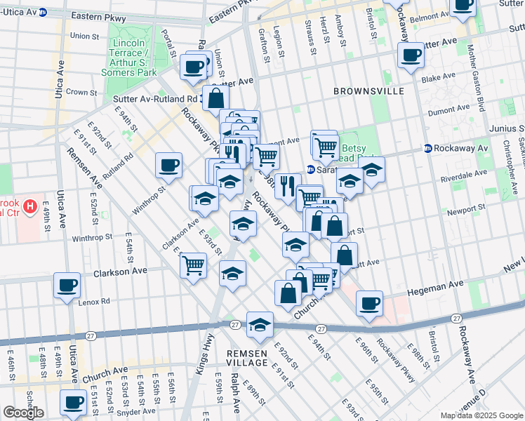 map of restaurants, bars, coffee shops, grocery stores, and more near 1130 Lenox Road in Brooklyn