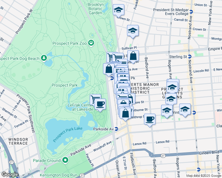 map of restaurants, bars, coffee shops, grocery stores, and more near 135 Ocean Avenue in Brooklyn