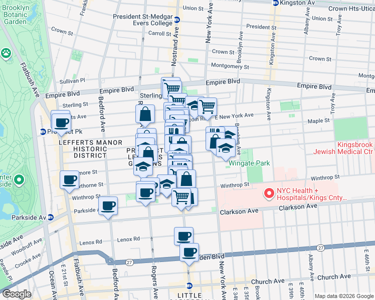 map of restaurants, bars, coffee shops, grocery stores, and more near 329 Rutland Road in Brooklyn