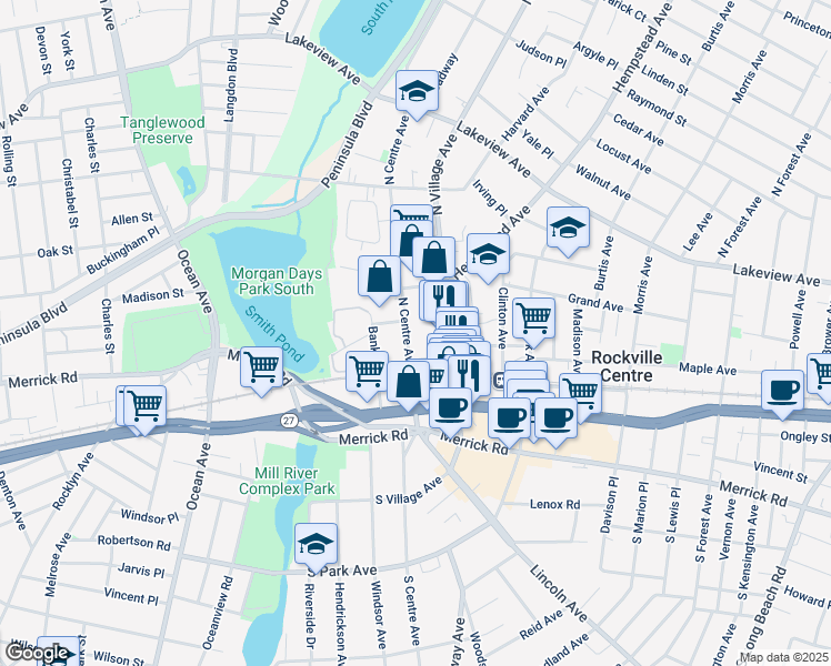 map of restaurants, bars, coffee shops, grocery stores, and more near 52 North Centre Avenue in Rockville Centre
