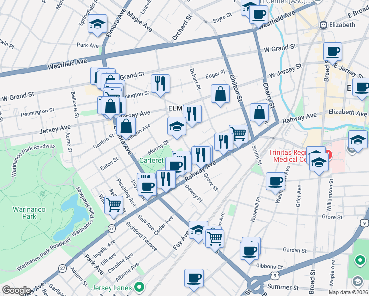 map of restaurants, bars, coffee shops, grocery stores, and more near 420 Vine Street in Elizabeth