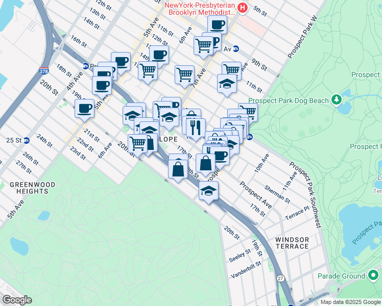 map of restaurants, bars, coffee shops, grocery stores, and more near 1679 8th Avenue in Brooklyn