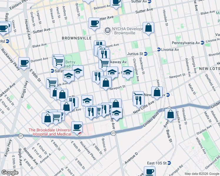map of restaurants, bars, coffee shops, grocery stores, and more near 841 Rockaway Avenue in Brooklyn