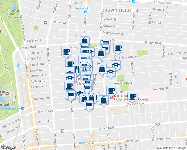 map of restaurants, bars, coffee shops, grocery stores, and more near 343 Rutland Road in Brooklyn