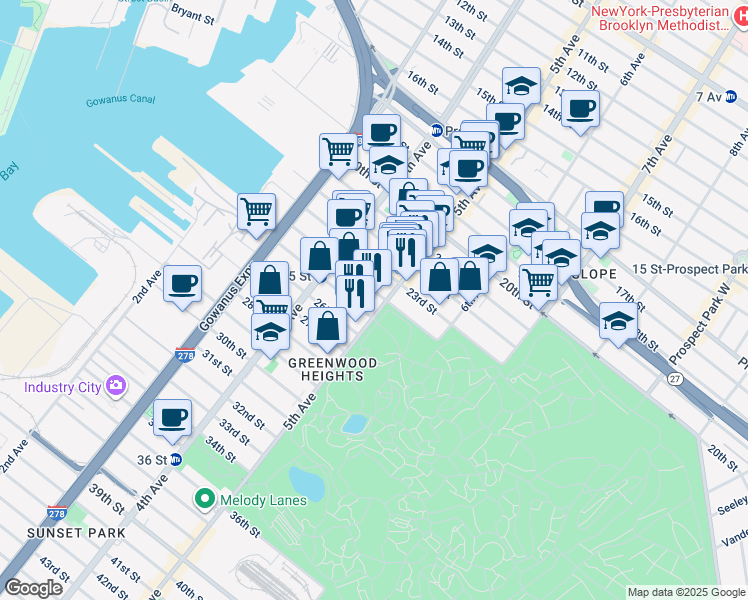 map of restaurants, bars, coffee shops, grocery stores, and more near 500 25th Street in Brooklyn
