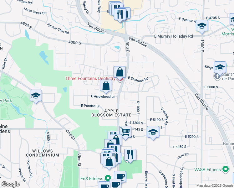map of restaurants, bars, coffee shops, grocery stores, and more near 5089 900 East in Salt Lake City