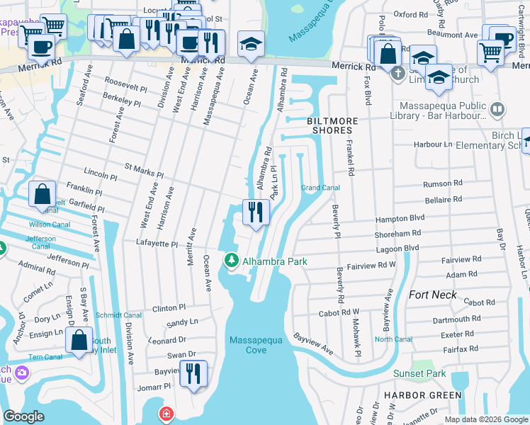 map of restaurants, bars, coffee shops, grocery stores, and more near 64 Beach Road in Massapequa