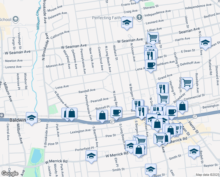 map of restaurants, bars, coffee shops, grocery stores, and more near 145 Randall Avenue in Freeport