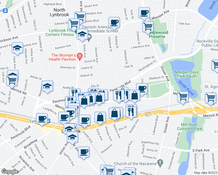 map of restaurants, bars, coffee shops, grocery stores, and more near 222 Denton Avenue in Lynbrook