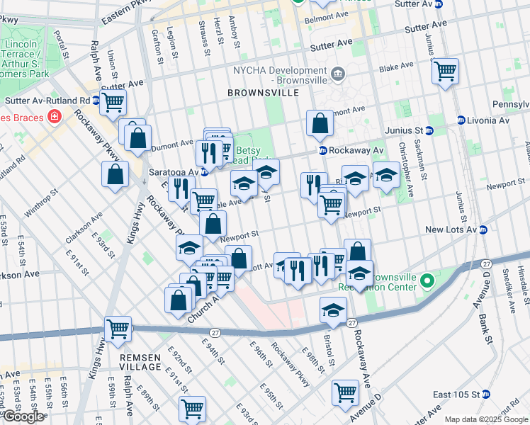 map of restaurants, bars, coffee shops, grocery stores, and more near 447 Herzl Street in Brooklyn