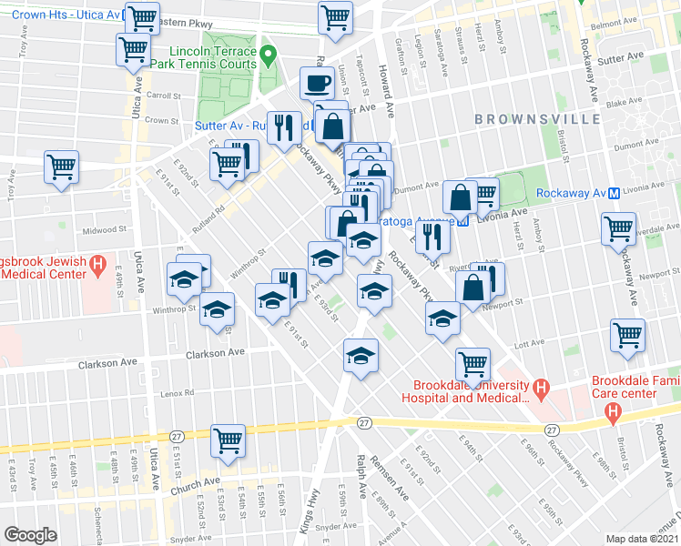 map of restaurants, bars, coffee shops, grocery stores, and more near 299 East 94th Street in Brooklyn