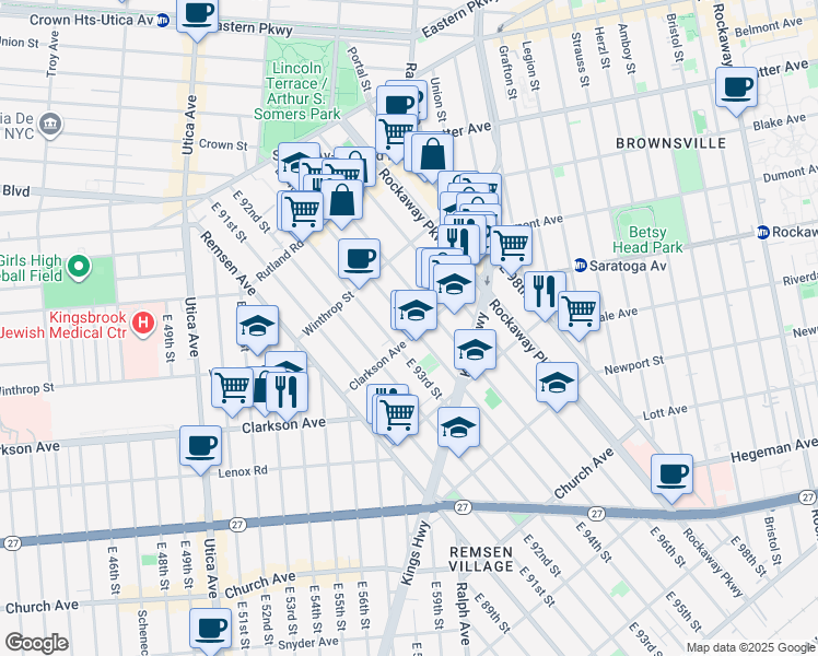 map of restaurants, bars, coffee shops, grocery stores, and more near 274 East 93rd Street in Brooklyn