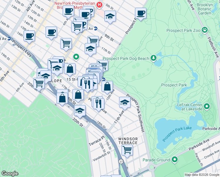 map of restaurants, bars, coffee shops, grocery stores, and more near 1616 10th Avenue in Brooklyn