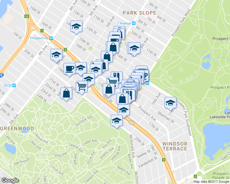 map of restaurants, bars, coffee shops, grocery stores, and more near 451 18th Street in Brooklyn
