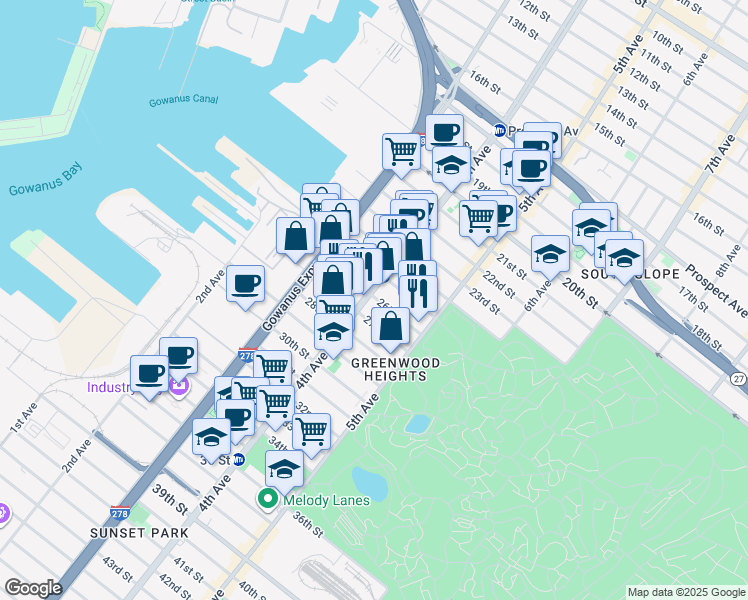 map of restaurants, bars, coffee shops, grocery stores, and more near 219 27th Street in Brooklyn