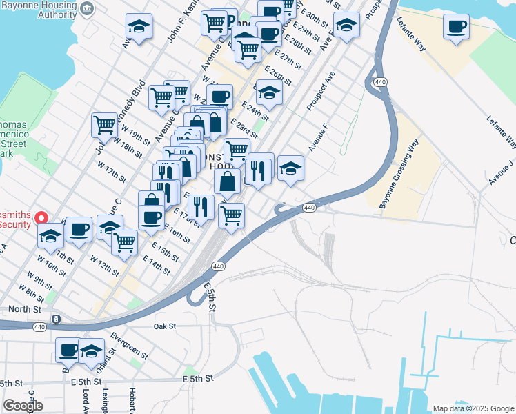 map of restaurants, bars, coffee shops, grocery stores, and more near 92 East 19th Street in Bayonne