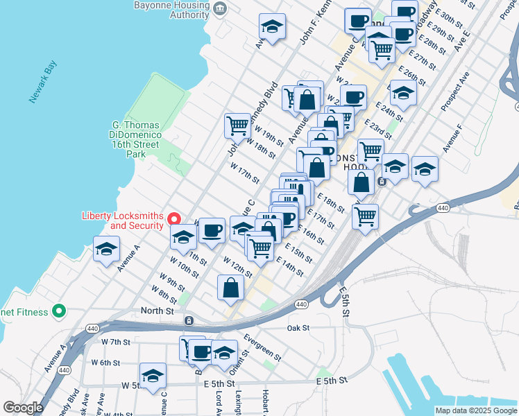 map of restaurants, bars, coffee shops, grocery stores, and more near 27-29 East 15th Street in Bayonne