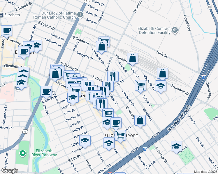 map of restaurants, bars, coffee shops, grocery stores, and more near 657 Fulton Street in Elizabeth