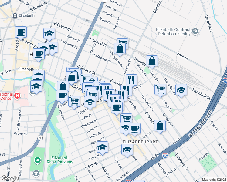 map of restaurants, bars, coffee shops, grocery stores, and more near 60 Division Street in Elizabeth