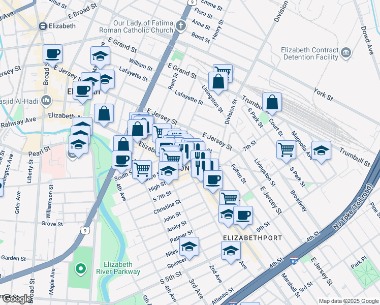 map of restaurants, bars, coffee shops, grocery stores, and more near 807 Elizabeth Avenue in Elizabeth