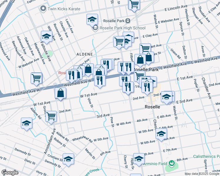 map of restaurants, bars, coffee shops, grocery stores, and more near 263 West 1st Avenue in Roselle