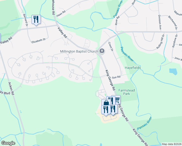 map of restaurants, bars, coffee shops, grocery stores, and more near 31 Spring Valley Boulevard in Basking Ridge