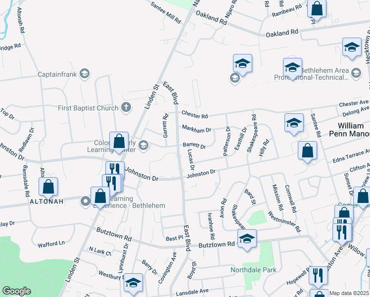 map of restaurants, bars, coffee shops, grocery stores, and more near 3148 East Boulevard in Bethlehem