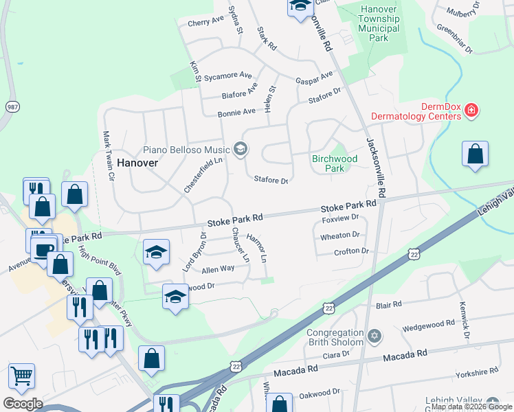 map of restaurants, bars, coffee shops, grocery stores, and more near 1459 Stoke Park Road in Bethlehem