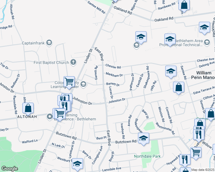 map of restaurants, bars, coffee shops, grocery stores, and more near 3148 East Boulevard in Bethlehem