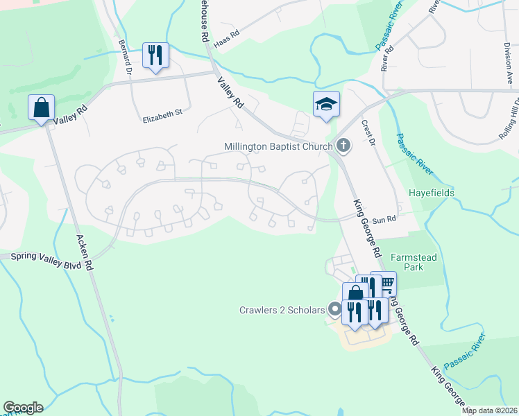 map of restaurants, bars, coffee shops, grocery stores, and more near 143 Jamestown Road in Basking Ridge