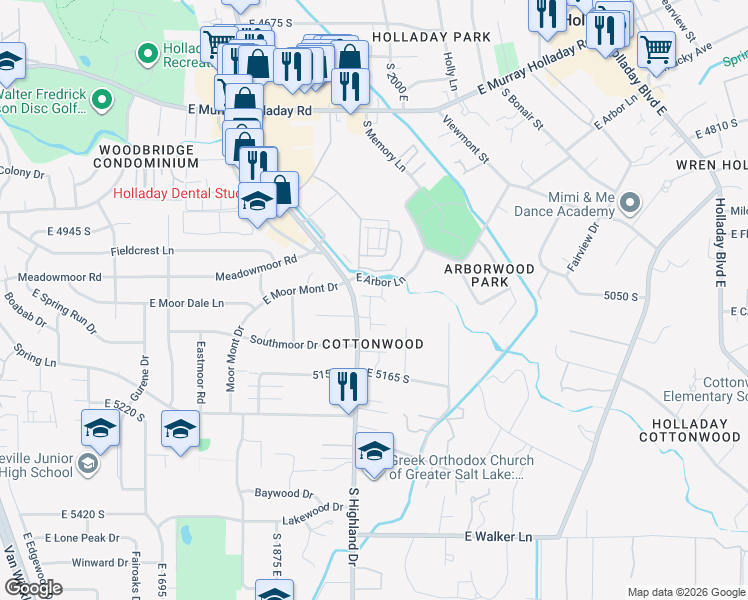 map of restaurants, bars, coffee shops, grocery stores, and more near 5037 South Cotton Tree Lane in Holladay