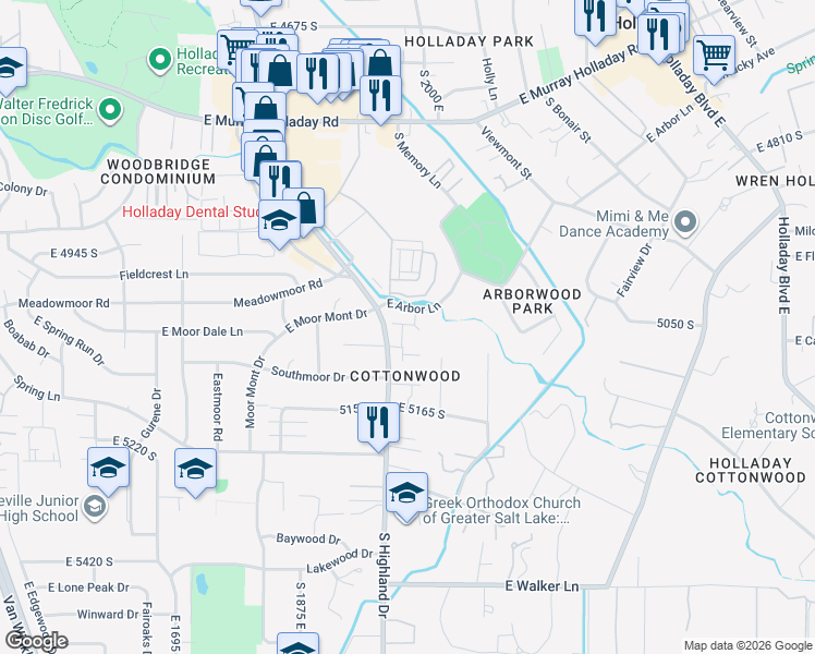 map of restaurants, bars, coffee shops, grocery stores, and more near 5037 South Cotton Tree Lane in Holladay
