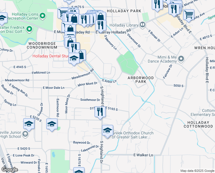 map of restaurants, bars, coffee shops, grocery stores, and more near 5037 Cotton Tree Lane in Holladay